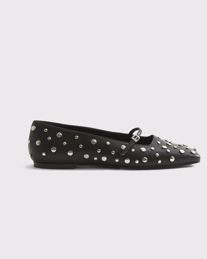 Abercrombie & Fitch Women's Mary Jane Square-Toe Flats in Black Studded - Size 10.5 | Abercrombie & Fitch (US)