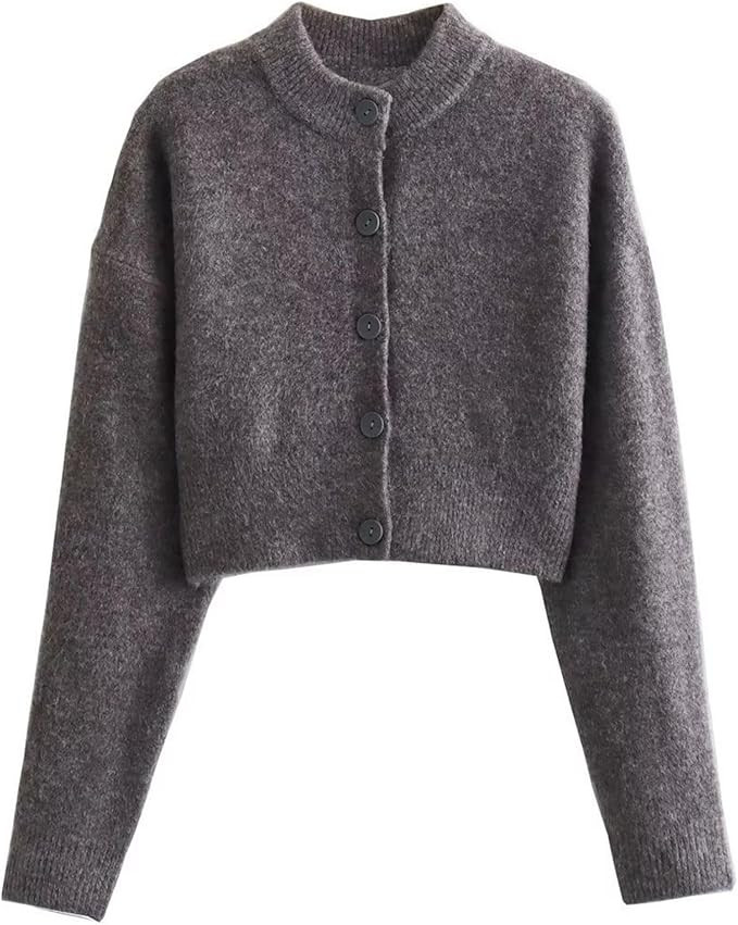 FindThy Women’s Cropped Cardigan Sweater Crewneck Solid Color Long Sleeve Button Down Knitted O... | Amazon (US)