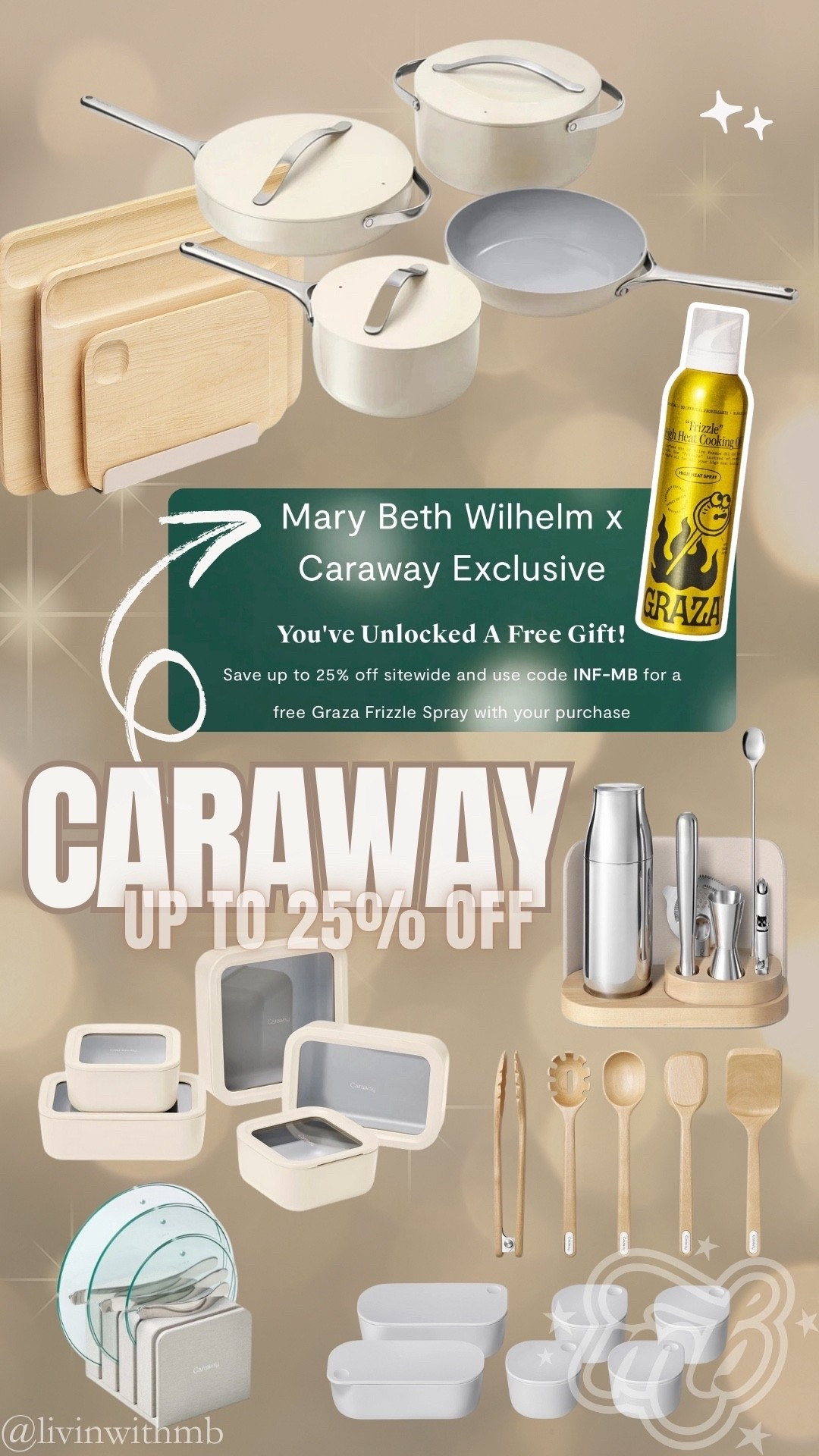 SAVE up to 25% at Caraway with my code: INF-MB

PLUS receive a free Graza Frizzle Spray with your order! 🙌🏼

The more you spend, the more you save, and at the highest tier you will receive their gorgeous 9-piece complete bar tool set for FREE!!

#carawaypartner

#LTKSaleAlert #LTKHome #LTKGiftGuide