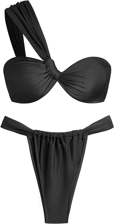 ZAFUL Women's One Shoulder Bikini Twisted Ruched High Cut Bandeau Bikini Set Two Piece Swimsuit | Amazon (US)