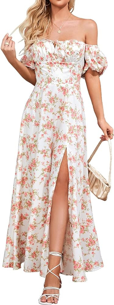 Women's Summer Puff Sleeve Floral Split Maxi Dress Flowy A Line Casual Beach Long Dresses 2024 | Amazon (US)