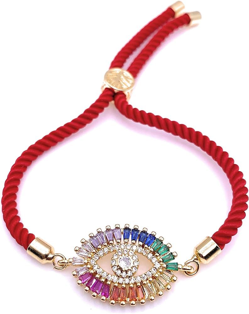 LESLIE BOULES Colored Crystal Evil Eye Bracelet Red Satin Cotton Cord Jewelry for Women | Amazon (US)