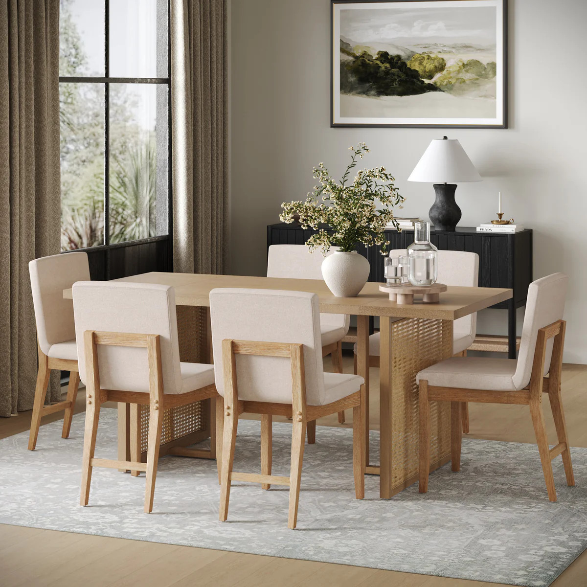 Rattan Boho Dining Set w/ Upholstered Dining Chairs (Set of 6) | Nathan James