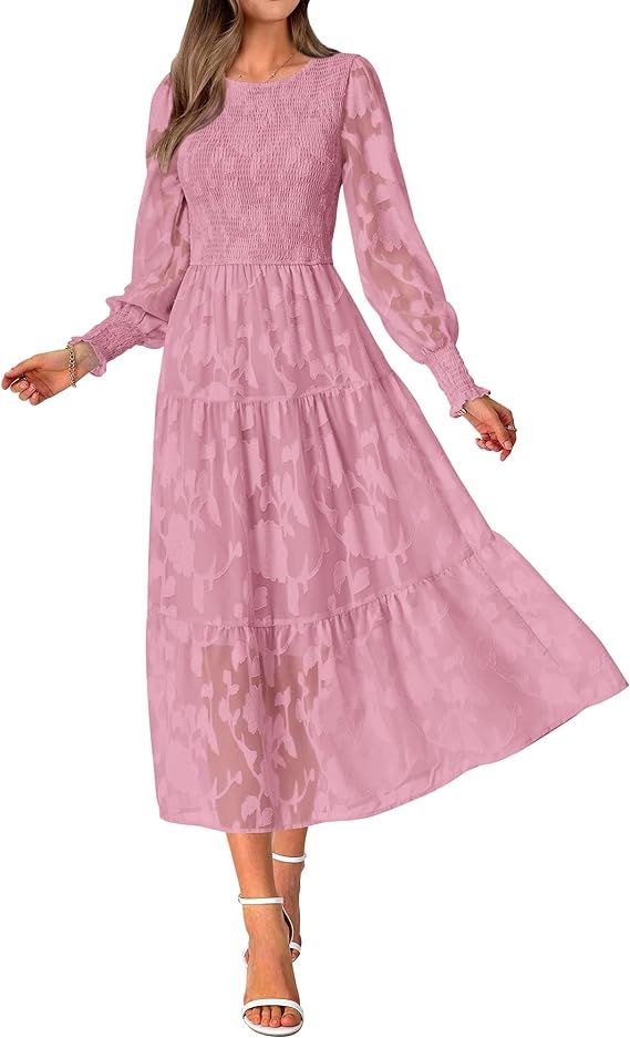 BTFBM Casual Women's 2024 Fall Dresses Elegant Wedding Guest Dress Long Sleeve Floral Midi Dress ... | Amazon (US)