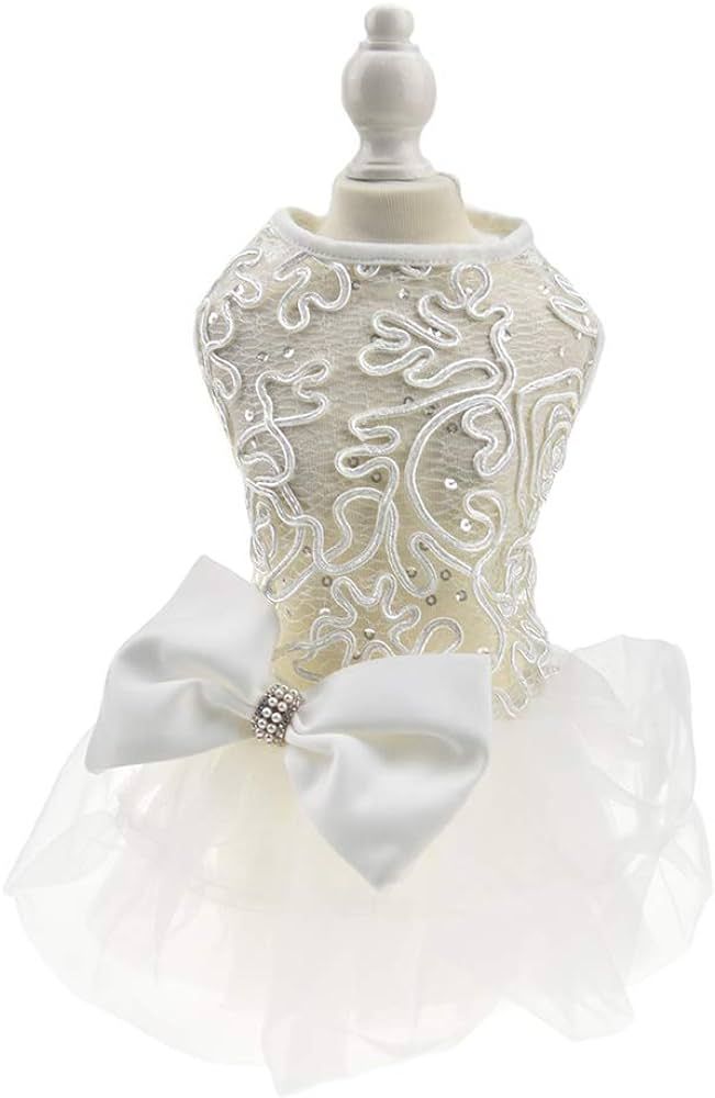 Hollow Dog Wedding Dress Tutu Skirt Luxury Lace Pearl Bow Christmas Dress Costume for Small Dog P... | Amazon (US)
