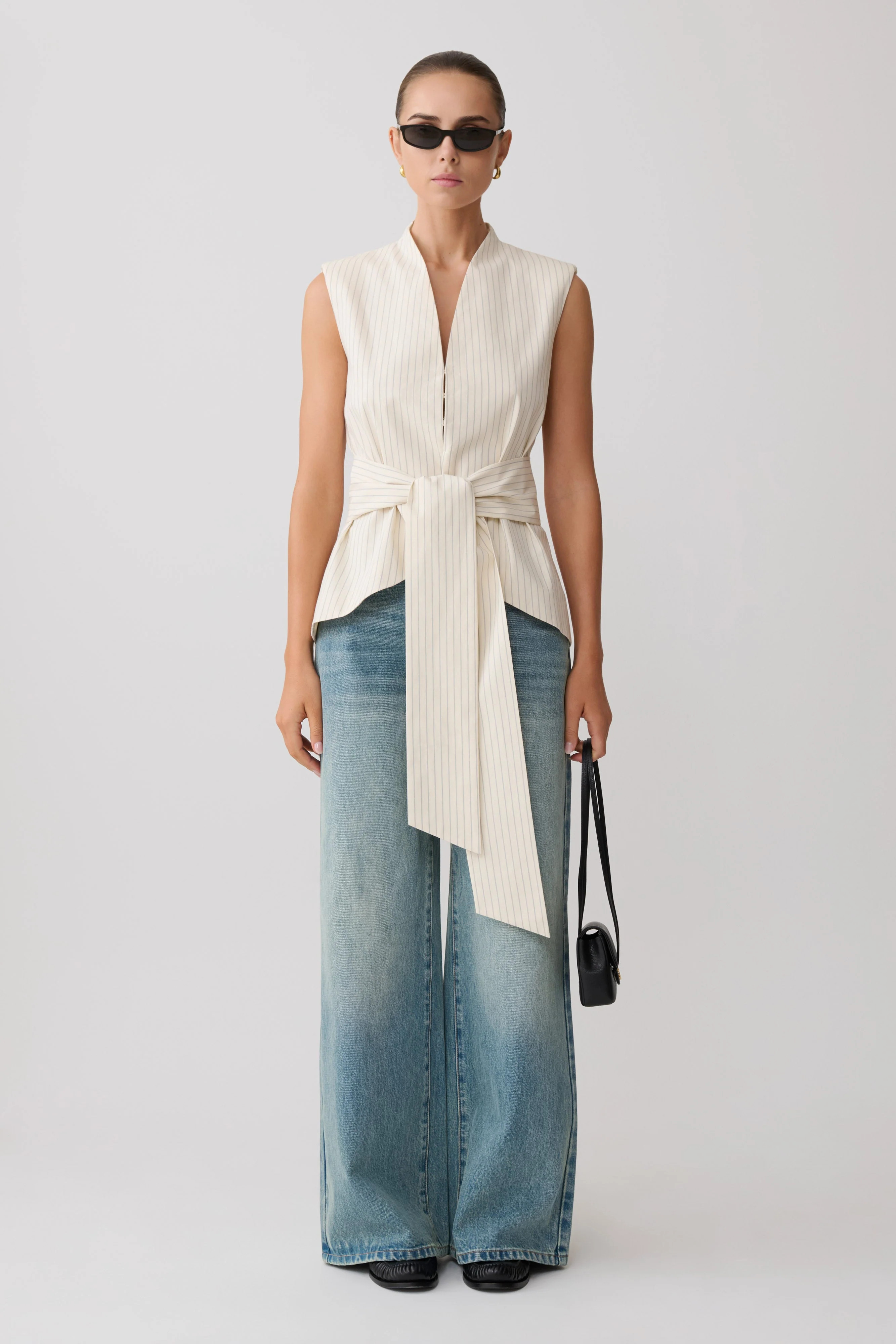 Waist Tie Sleeveless Top - Stripe | MESHKI US