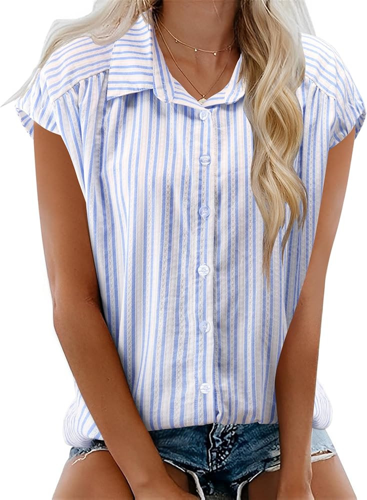 LOMON Womens Button Down Shirts Short Cap Sleeve Summer Cotton V Neck Collared Stripes Blouses Ca... | Amazon (US)