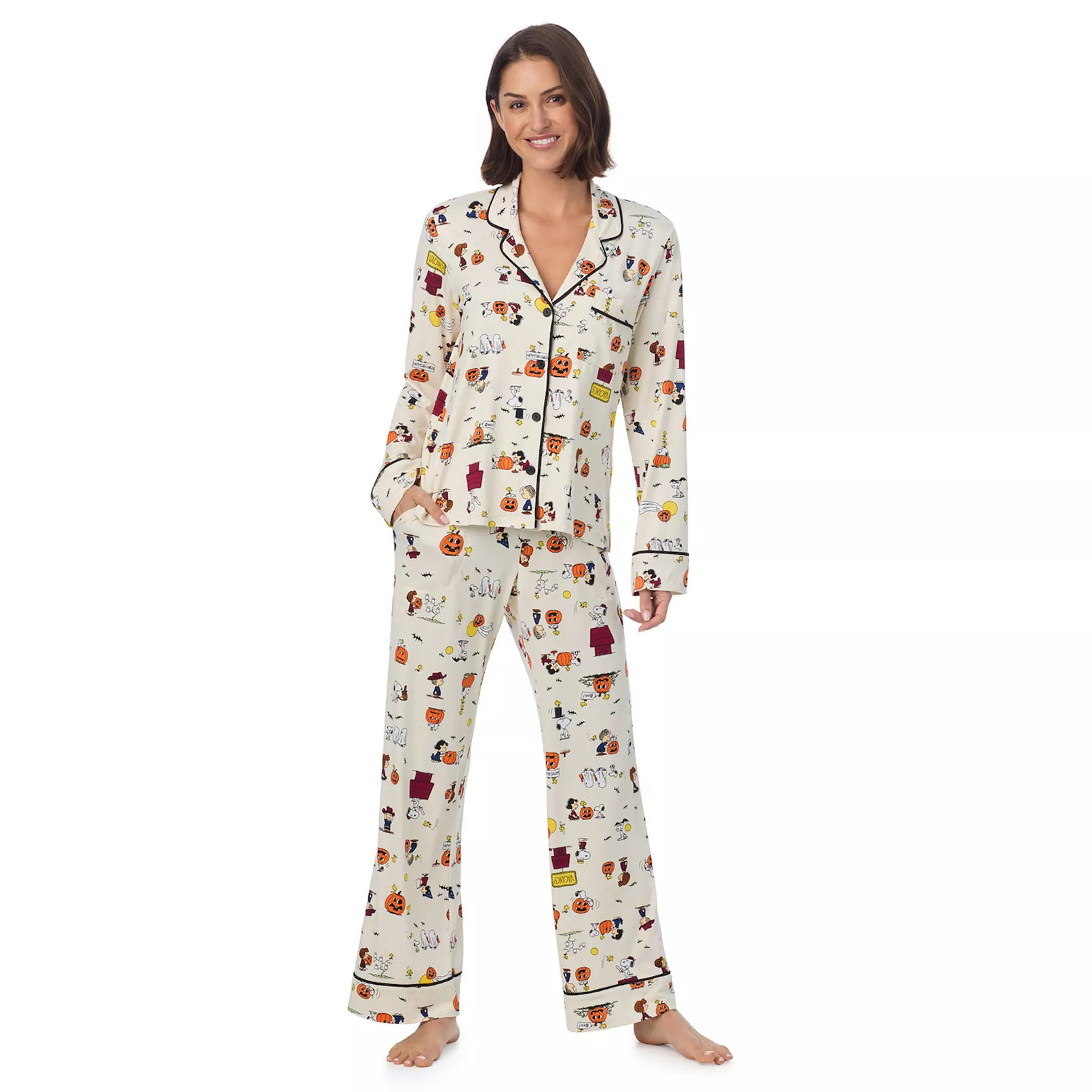 Women's Beauty Sleep Social Peanuts Halloween Notchneck Long Sleeve Pajama Top & Pajama Pants Set | Kohl's