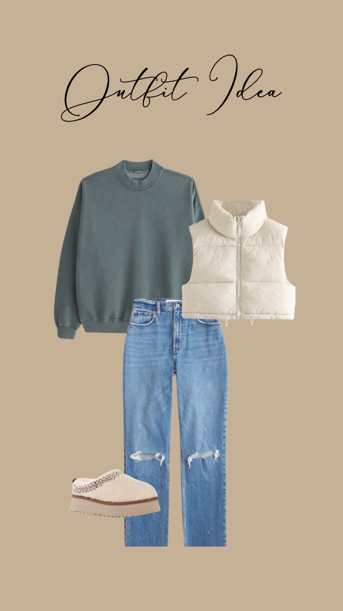 Casual outfit idea- affordable fashion! Amazon puffer vest! Amazon men’s sweatshirt- neutral style- Abercrombie style- size 6 fashion - sherpa uggs 