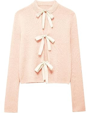 Tie Front Cardigan Sweaters for Women Y2K Bow Tie Open Front Cardigans Crewneck Long Sleeve Sweat... | Amazon (US)