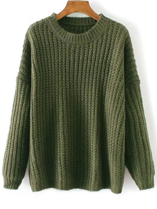 Army Green Round Neck Drop Shoulder Sweater | ROMWE