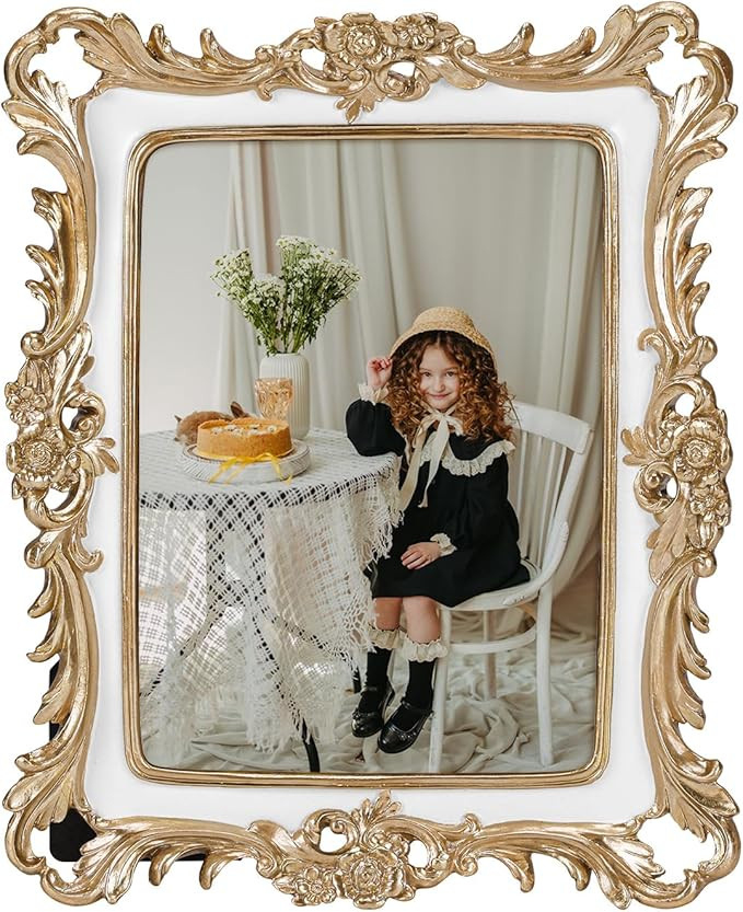 PHAREGE 5x7 White Vintage Picture Frame with Golden Pattern, Ornate Antique Picture Frame for 5x7... | Amazon (US)