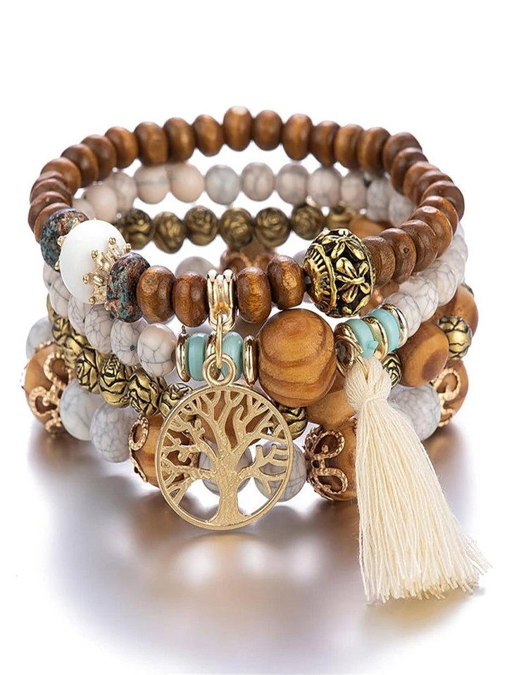 1set Bohemian Tassel & Hollow Out Tree Decor Beaded Bracelet For Women For Gift | SHEIN