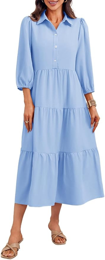 Wenrine Womens Casual 3/4 Sleeve Shirt Dress Button Down V Neck Tiered Collared Flowy Maxi Dress | Amazon (US)