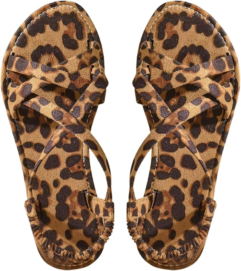 GORGLITTER Women's Leopard Strappy Flat Sandals Cheetah Ankle Strap Open Toe Summer Going Out Dre... | Amazon (US)