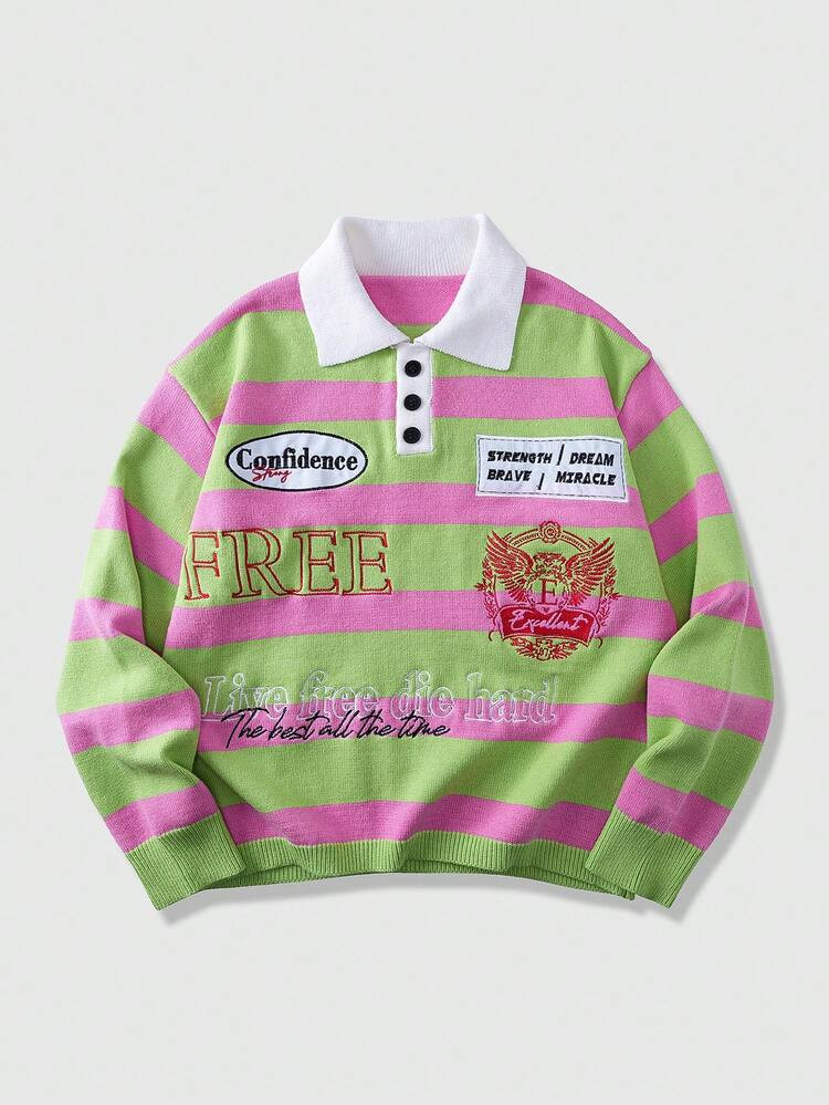 ROMWE MEN Men's Contrast Stripe Preppy Half-Zip Casual Long Sleeve Patchwork Collar Sweater | SHEIN