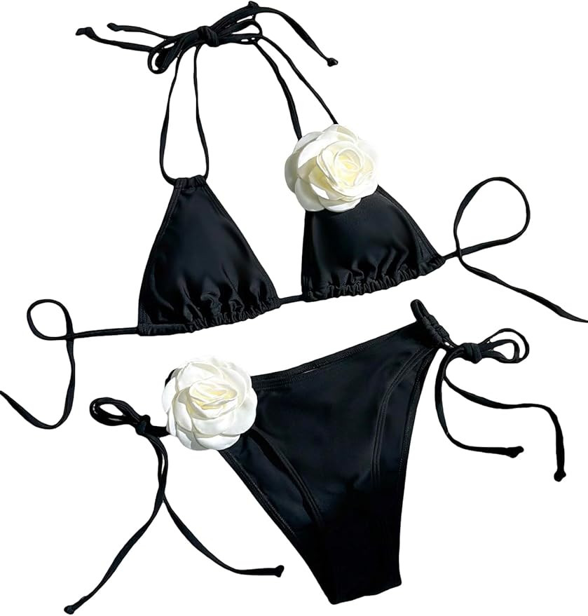 WDIRARA Women's 2 Piece Floral Appliques Swimsuits Halter String Triangle Bikini Set Beach Bathin... | Amazon (US)