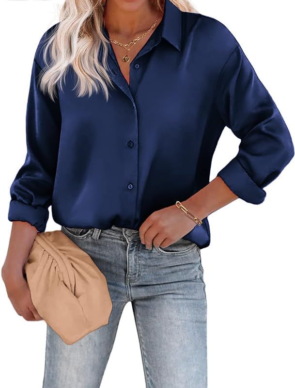 Women's Blouse Satin Silk Shirts Button Down Shirts Casual Loose Long Sleeve Office Work Tunic To... | Amazon (US)