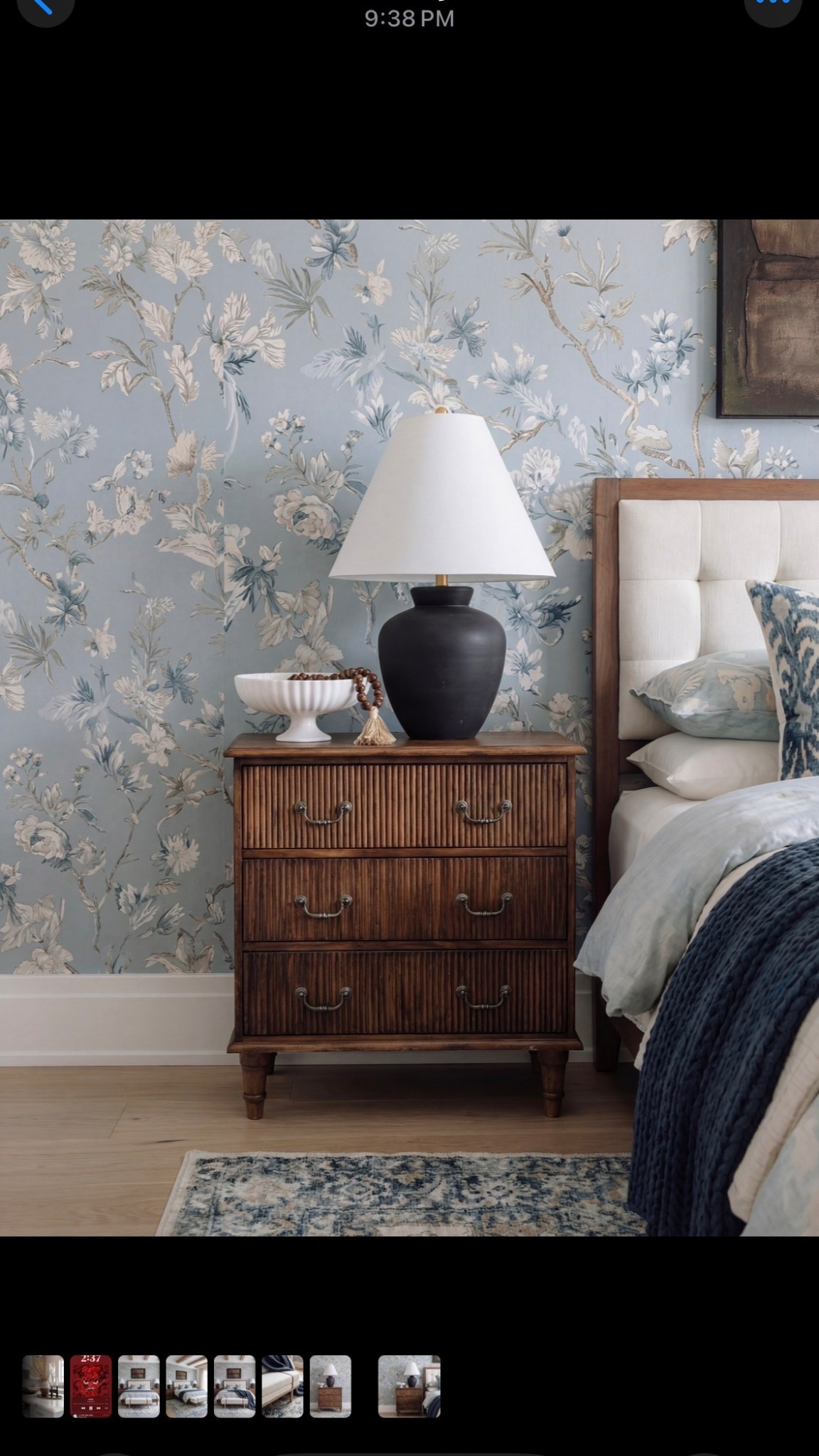 Shop the Look:
• Blue floral wallpaper (soft + vintage-inspired)
• Tufted cream headboard
• Warm wood nightstands
• Black ceramic table lamps
• Light blue duvet set
• Navy chunky knit throw
• Upholstered bench with leather detail
• Blue + beige vintage-style rug
• Sheer cream window drapes

#LTKHome #LTKFindsUnder100 #LTKSaleAlert