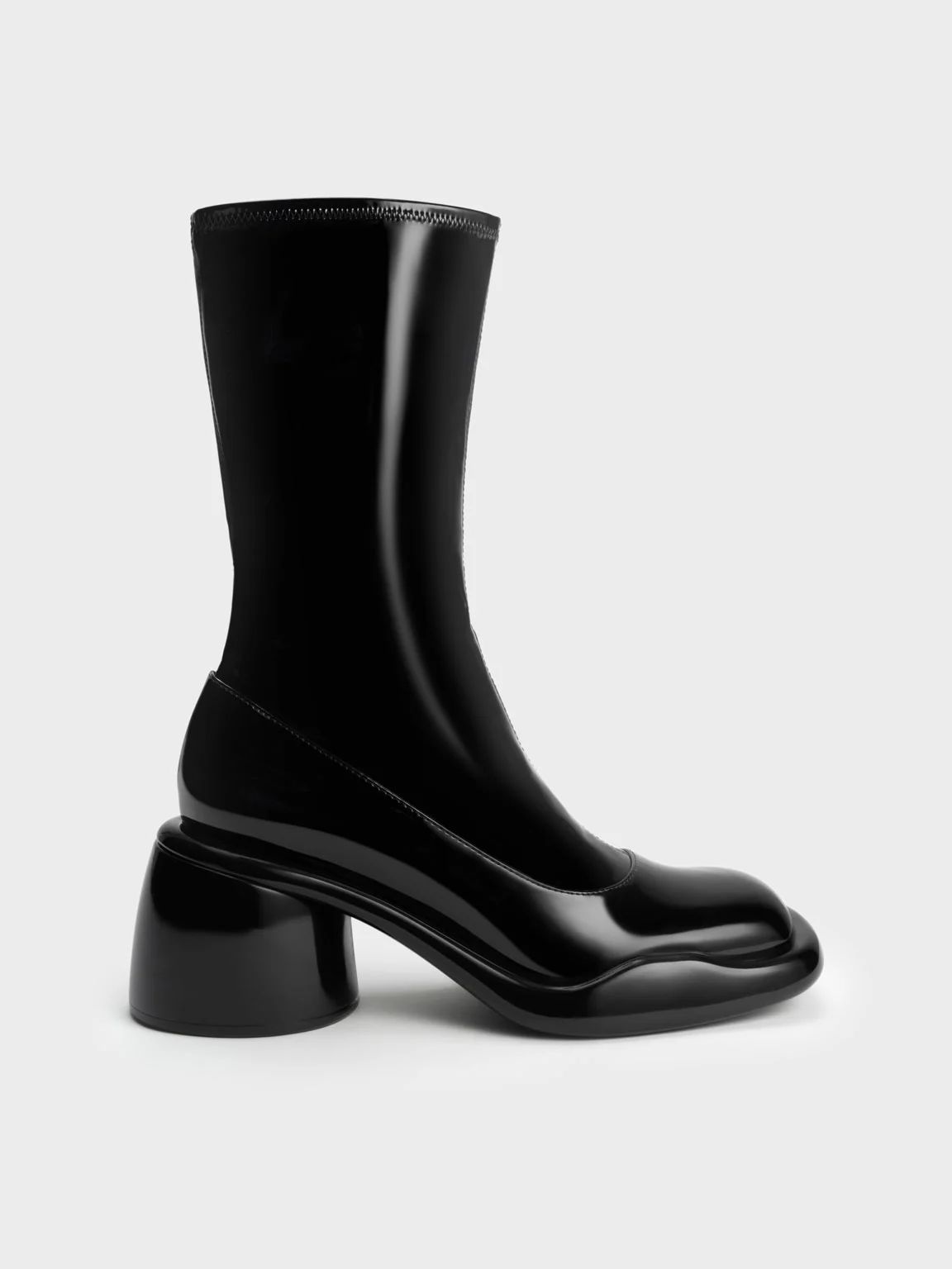 Black Lula Patent Chunky Heel Calf Boots | CHARLES &amp; KEITH | Charles & Keith US
