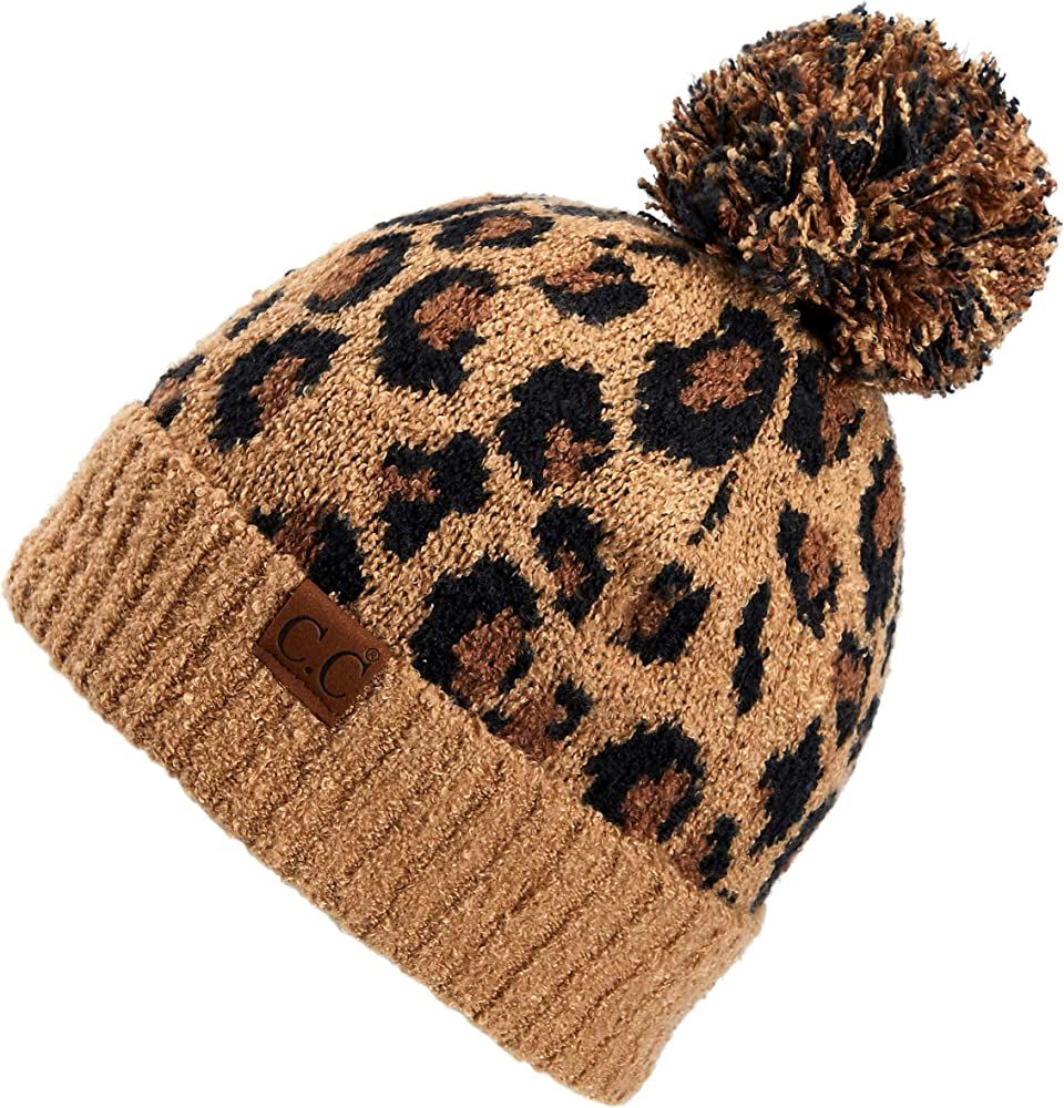 C.C Exclusives Soft Beanie hat with Leopard Pattern and Fur Pom(HAT-7001) (Latte-Leopard Pom) at ... | Amazon (US)