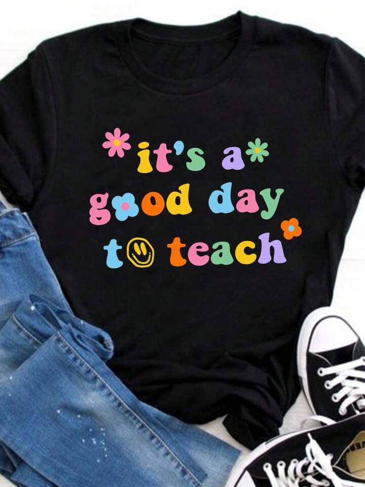 SHEIN EZwear Casual Round Neck Short Sleeve Women's Teacher's Day Matching T-Shirt, Suitable For ... | SHEIN