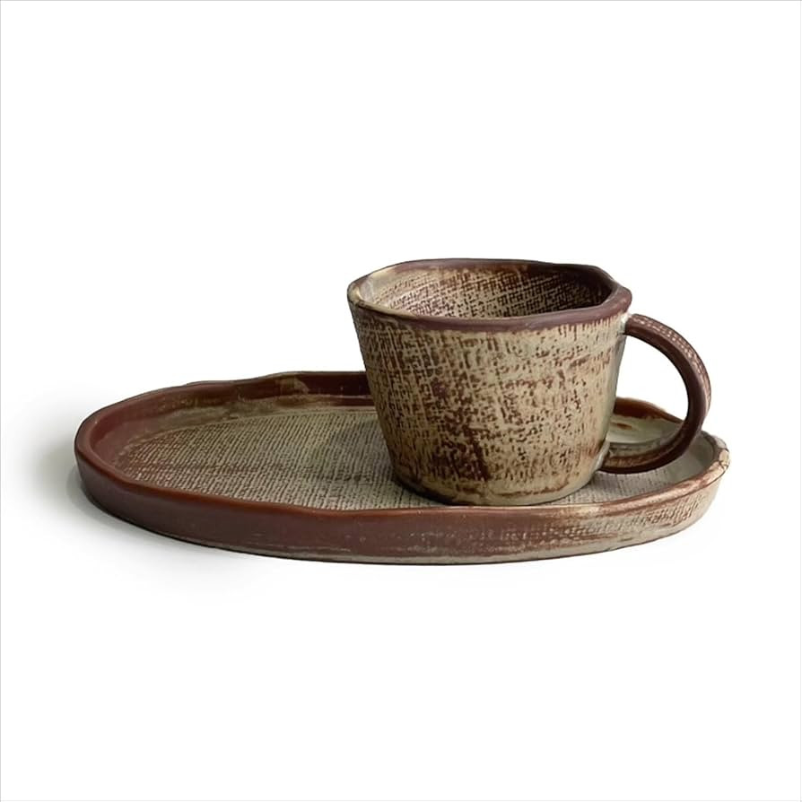 Wabi-Sabi Japanese Ceramic Clay Coffee Cup and Saucer Set, Rustic Vintage Stoneware Mug with Plat... | Amazon (US)