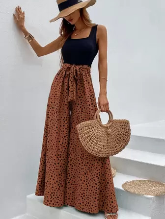 SHEIN VCAY Dalmatian Print Wide Leg Belted Jumpsuit | SHEIN