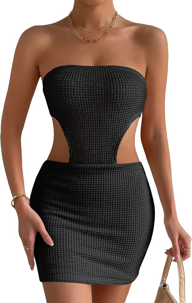 SHENHE Women's Crochet See Through Cover Up Dress Cut Out Sleeveless Bodycon Dresses Strapless Tu... | Amazon (US)