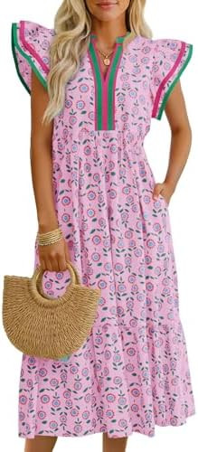 Wenrine Womens Summer Floral Midi Dresses Ruffle Cap Sleeve V Neck Flowy Boho Casual Beach Vacati... | Amazon (US)