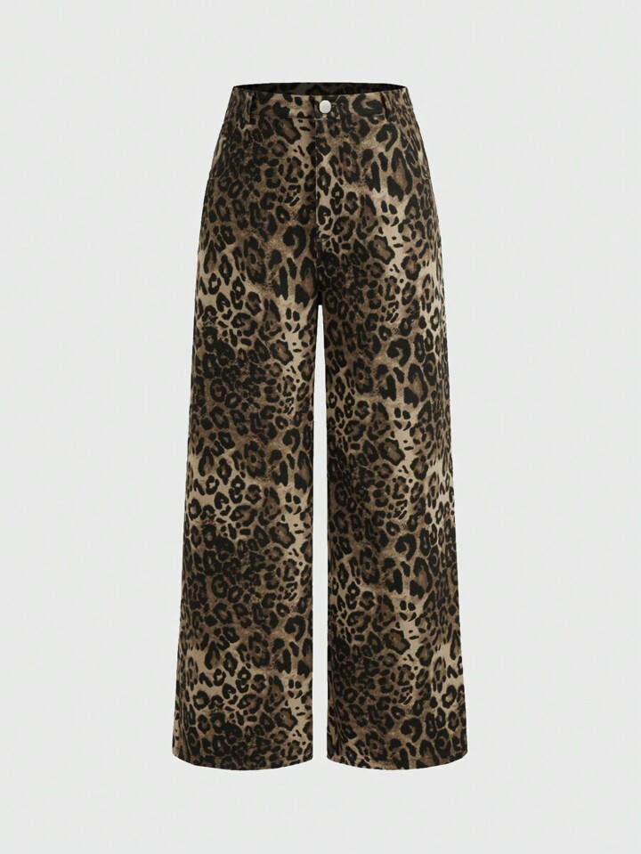 ROMWE Grunge Punk Y2K Casual Leopard Print Full-Length Wide-Leg Denim Jeans For Women | SHEIN