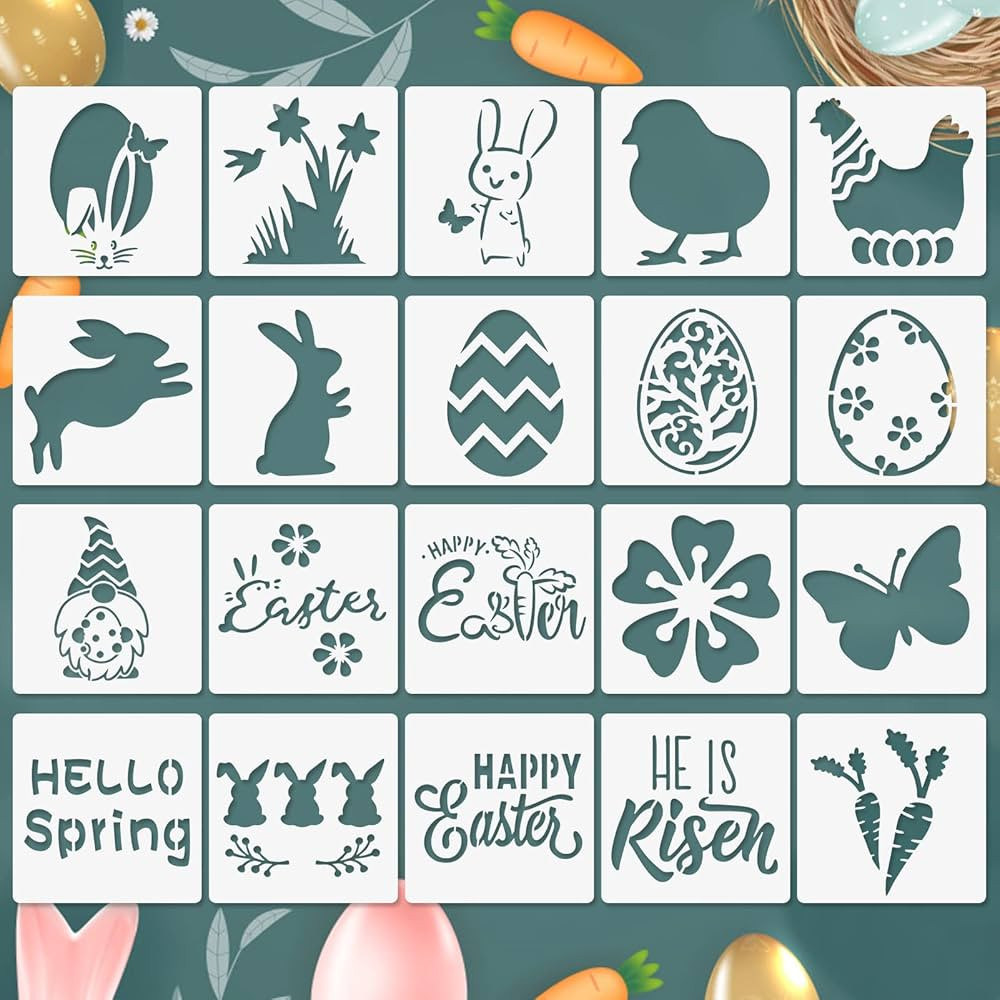 Easter Stencils for Painting on Wood Slice, 20 Pcs Reusable Stencil Set Including Bunny Eggs Happ... | Amazon (US)