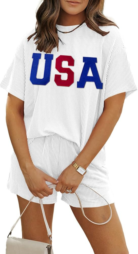 MARZXIN Women 2 Piece Shorts Set 2026 Casual Summer Cruise Outfits Ribbed Loose Short Sleeve Pock... | Amazon (US)