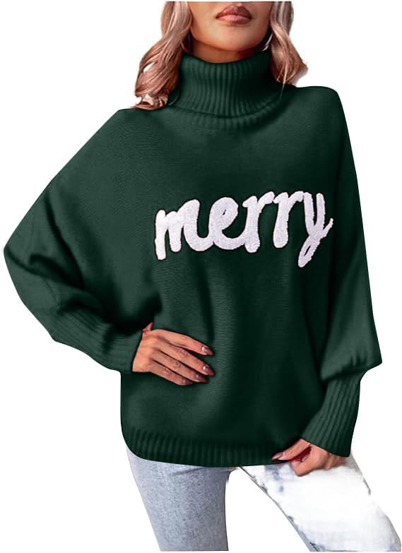 Women Merry Christmas Sweater 2024 Funny Holiday Knitted Sweaters Oversized Turtleneck Batwing Sl... | Amazon (US)