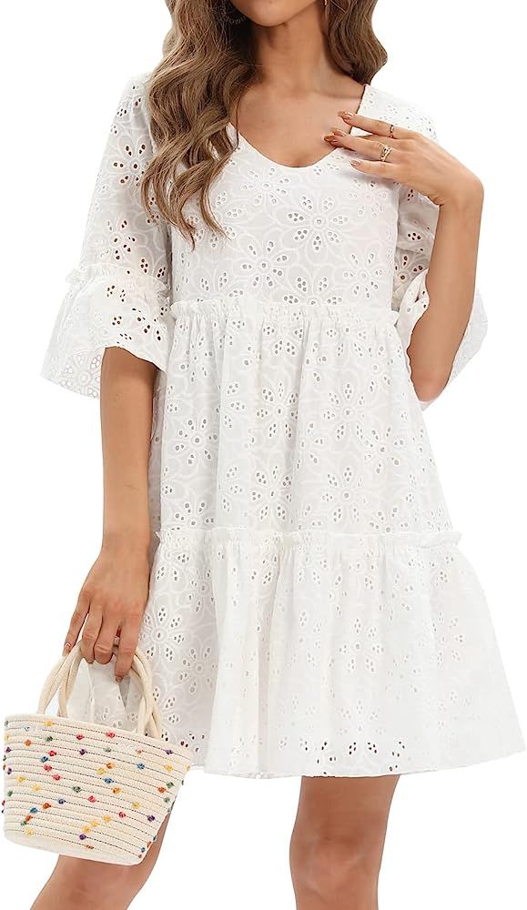 Simple Flavor Women's Summer Casual Dress Eyelet Tiered Babydoll Mini Dress Bell Sleeve Flowy Shift  | Amazon (US)