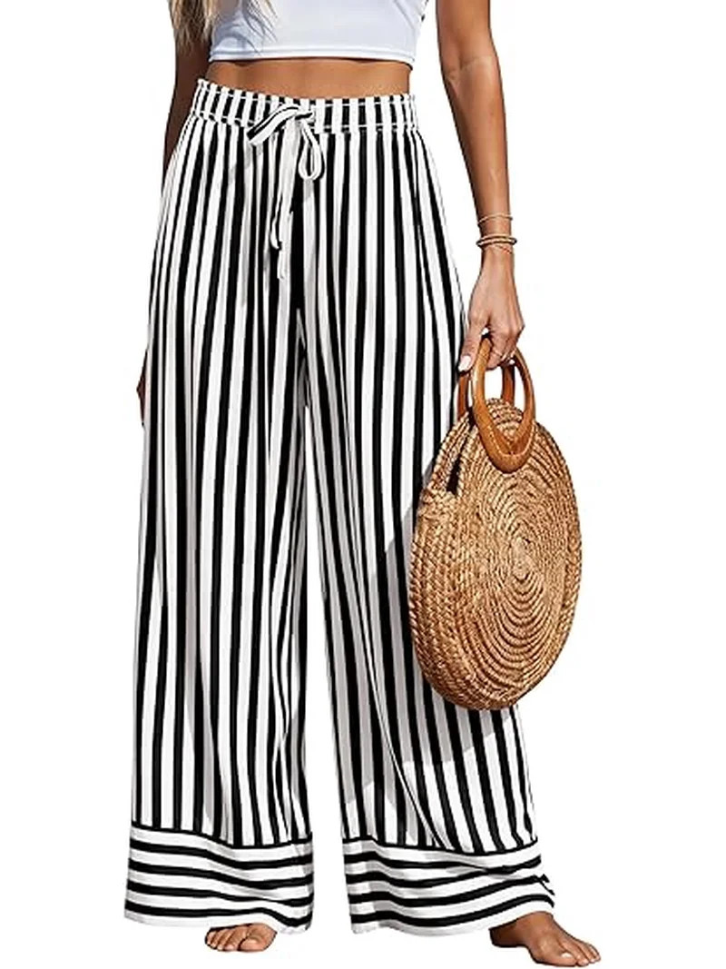 PRETTYGARDEN Womens Palazzo Pants Summer Striped Wide Leg Trousers Elastic Waist Flowy Lounge Pan... | Walmart (US)