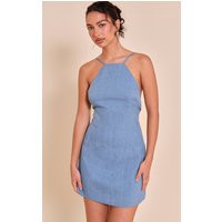 Steel Blue Woven Halter Neck A- Line Mini Dress | PrettyLittleThing US