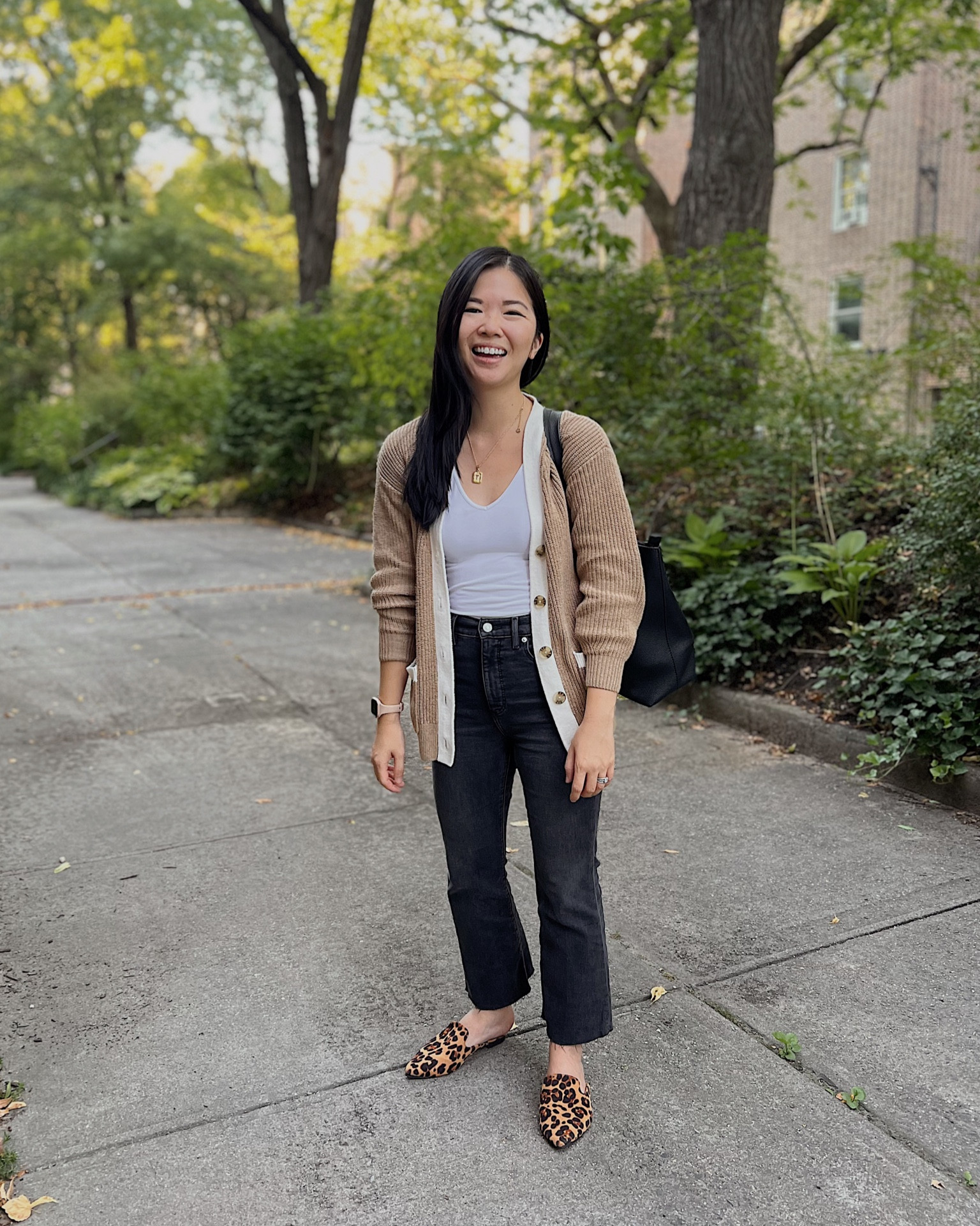 Business casual work outfit, smart casual outfit, fall casual outfit, teacher outfit, LOFT fashion: tan cardigan (XS), white seamless tank, black high waisted jeans (27P), leopard mule loafers, black tote bag, gold initial necklace.

#LTKunder50 #LTKSeasonal #LTKworkwear