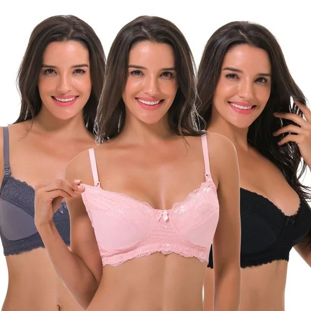Curve Muse Women's Plus Size Nursing Wirefree Bra with Full Figure Lace-3Pack-BLACK,Nude,GRAY-48D... | Walmart (US)