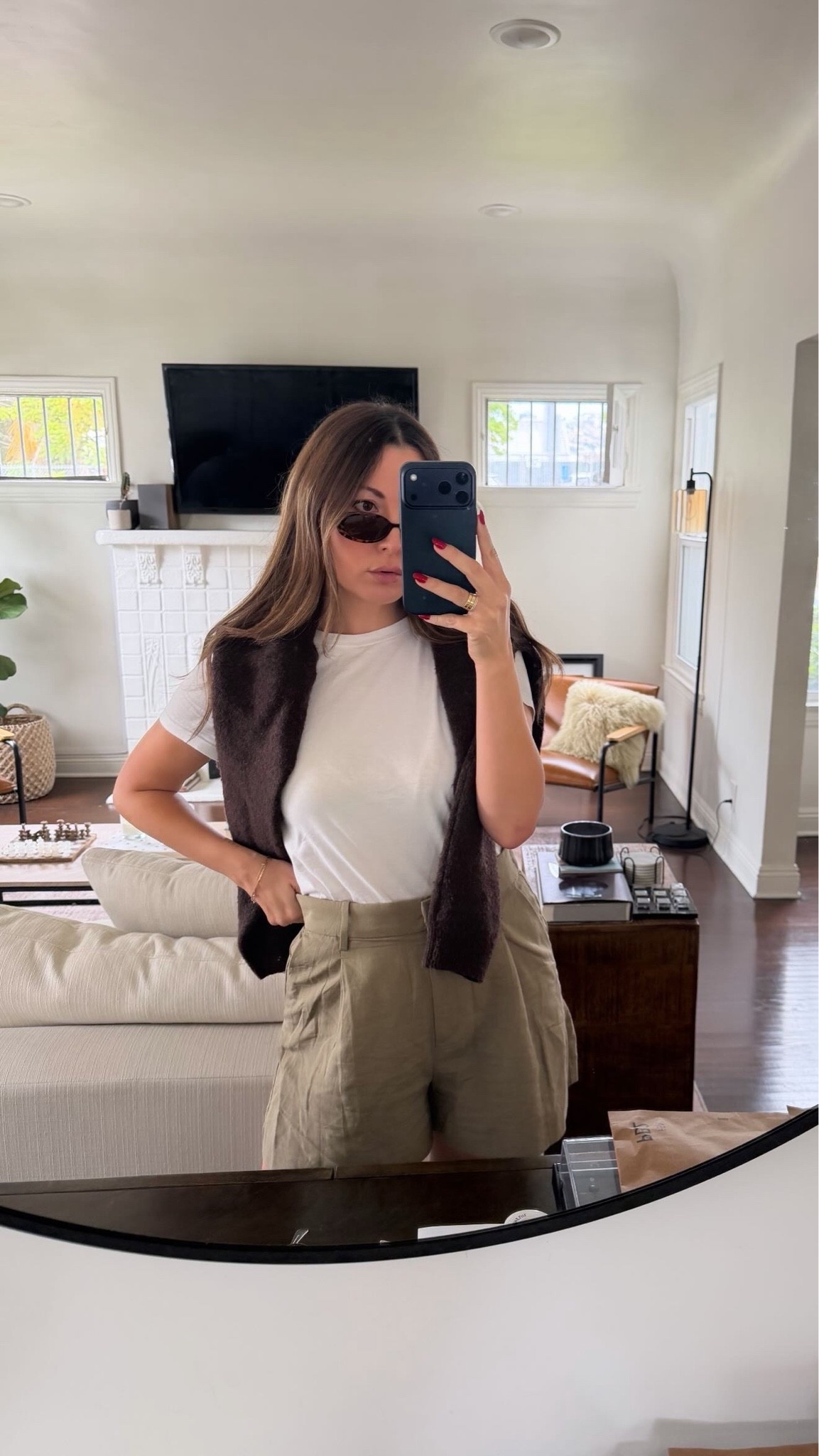 Old Navy White Tshirt ON SALE + H&M Linen Blend Shorts + H&M Knit Sweater + Le Specs Oval Sunglasses - Spring Outfit / Everyday Casual

#LTKSaleAlert