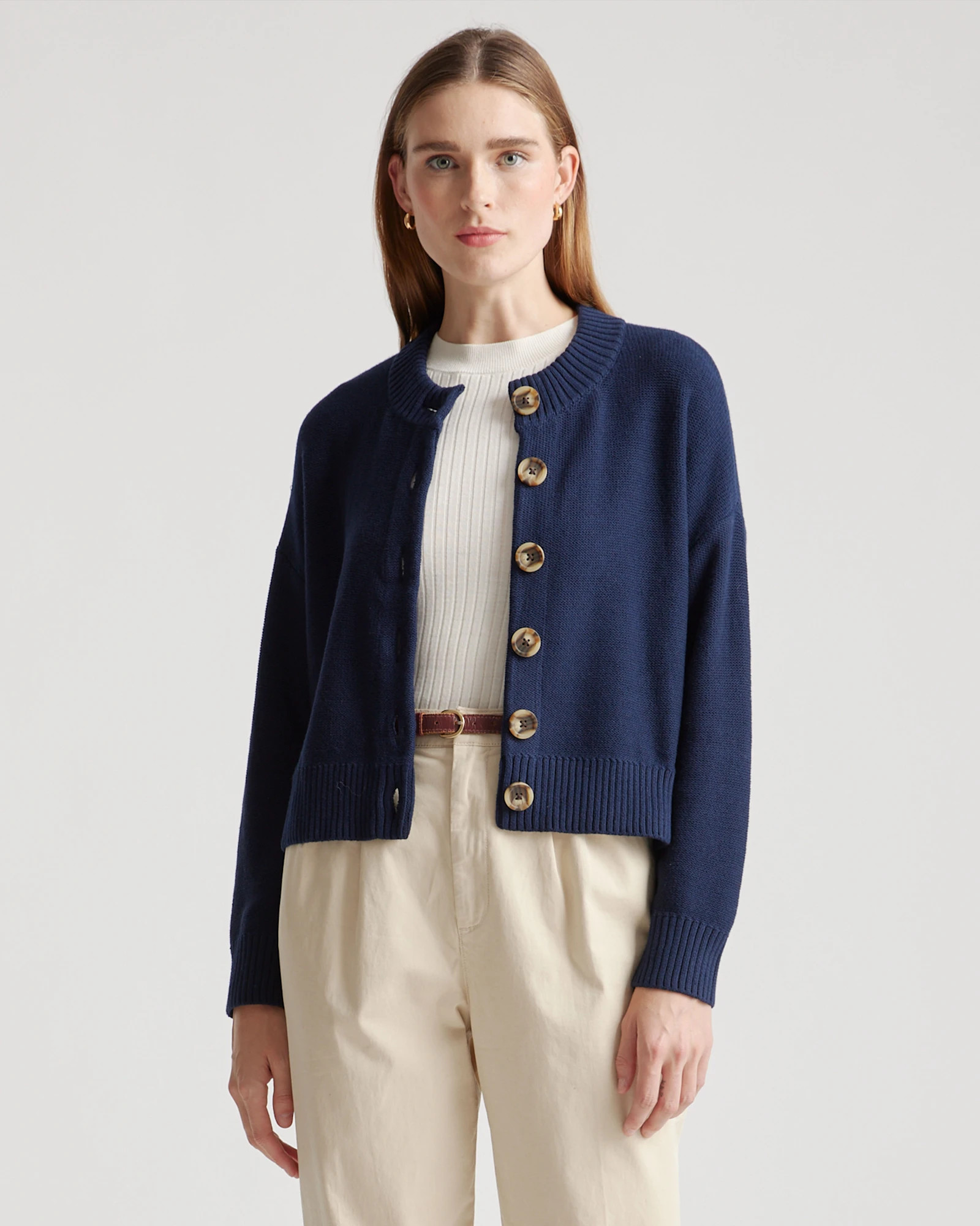 Quince | Women's Cropped Cardigan Sweater in Camel, Size Large, Organic Cotton | Quince