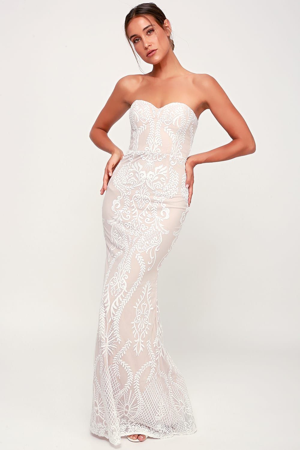 You Belong With Me White and Nude Lace Strapless Maxi Dress | Lulus (US)