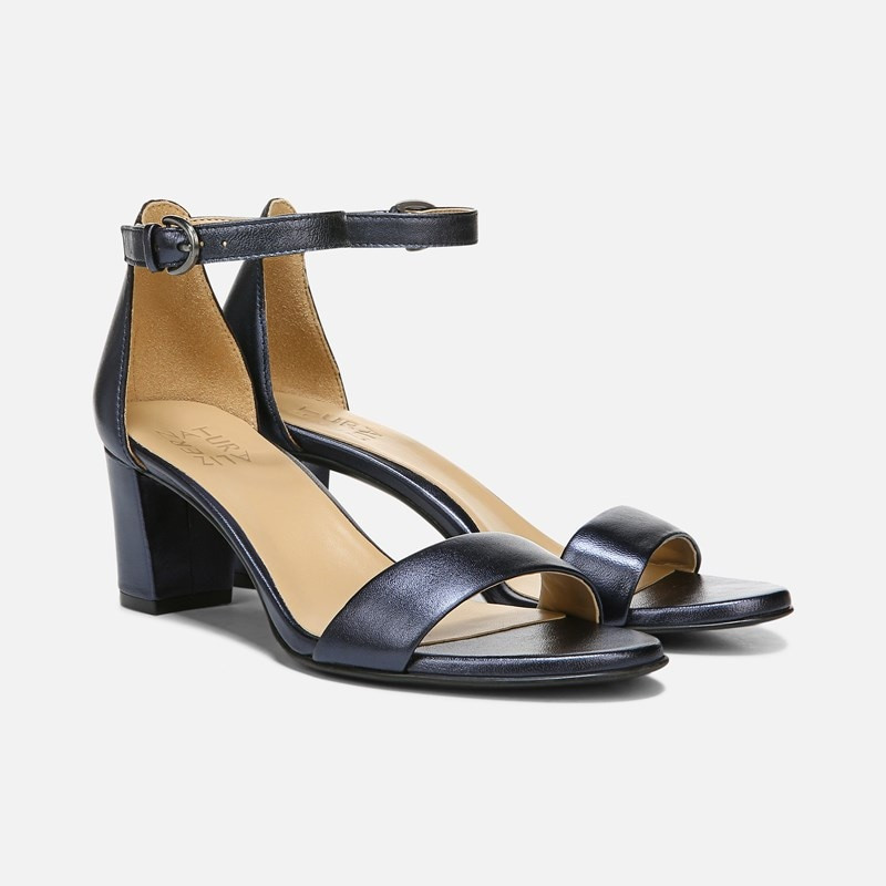Naturalizer Vera Dress Sandals, French Navy Leather, 5.0M Almond Toe, Block Heels, Ankle Strap | Naturalizer