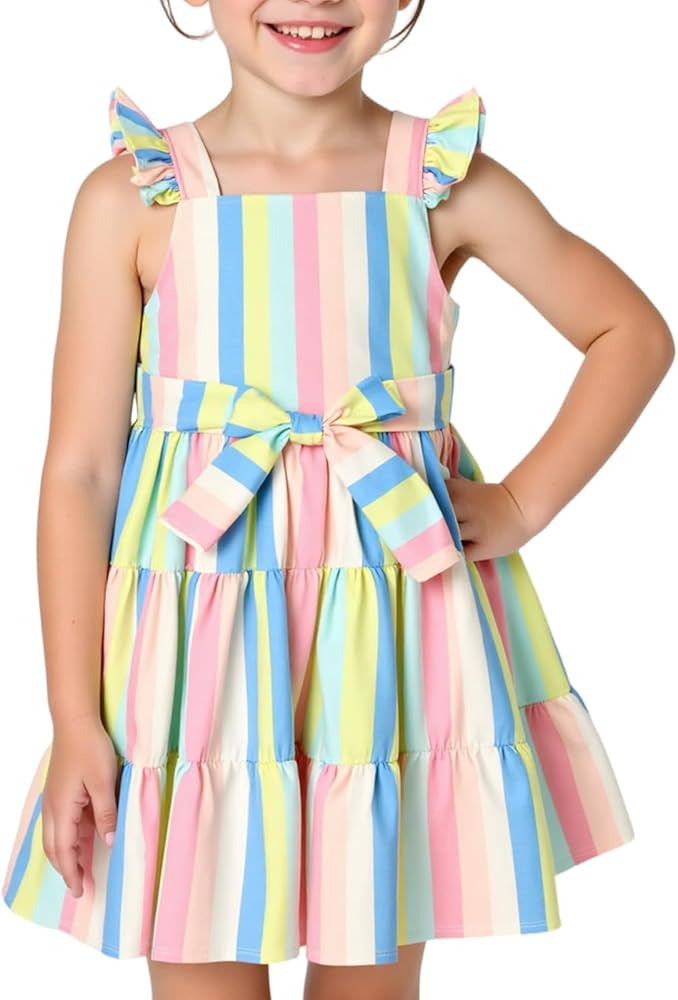 Little Bitty Toddler Girls Rainbow Dress Princess Flutter Sleeve Kids Boho Summer Beach Sundress ... | Amazon (US)