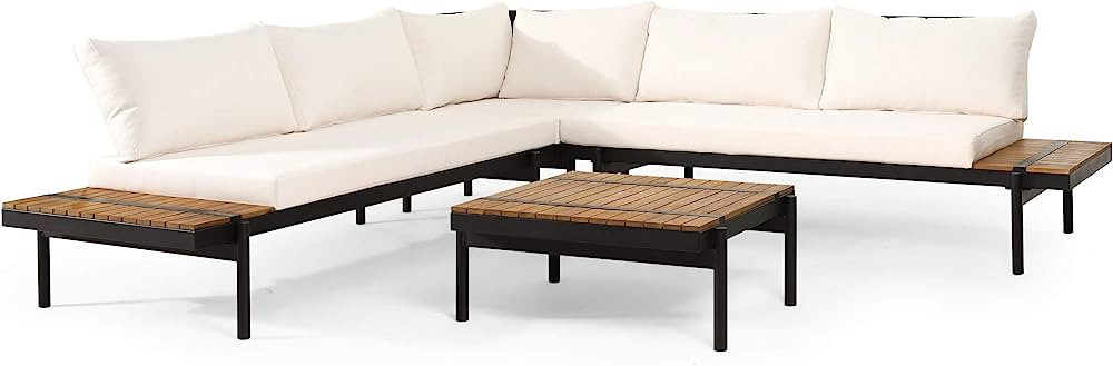 Christopher Knight Home Theo Outdoor Conversation Sets, Cream + Black Metal + Teak | Amazon (US)