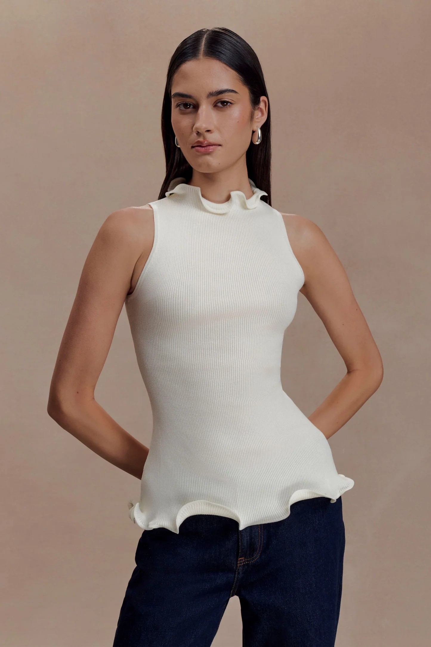 Diya Ribbed Sleeveless Top With Wire Hem - Ivory | MESHKI US