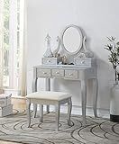 Roundhill Furniture Ashley Silver Wood Makeup Vanity Table and Stool Set, Sliver | Amazon (US)