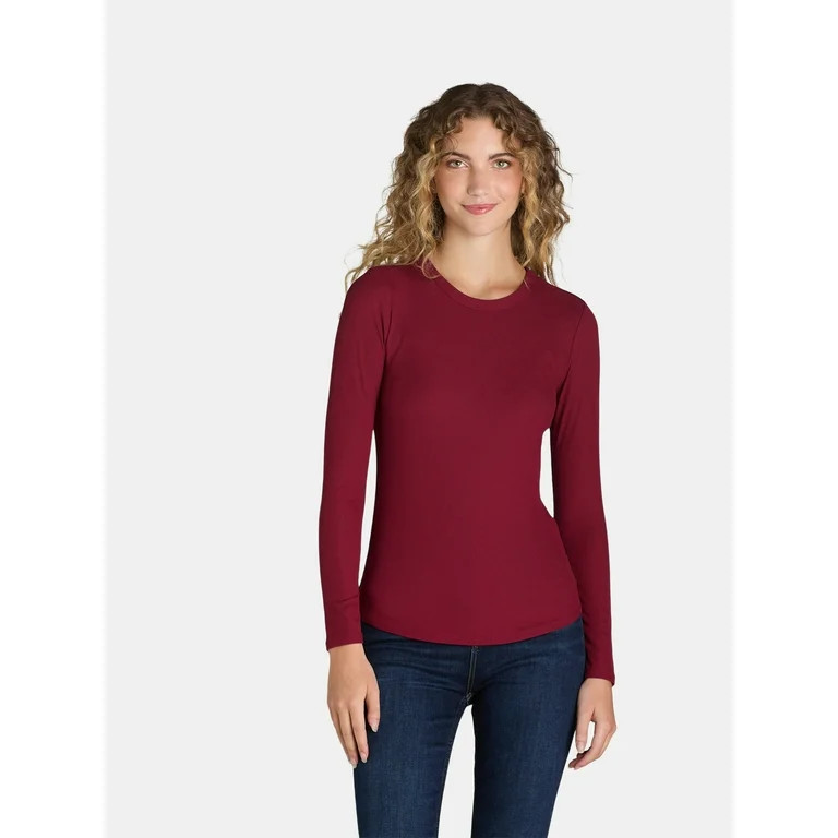 No Boundaries Ribbed Crewneck Tee with Long Sleeves, Women's and Women's Plus - Walmart.com | Walmart (US)