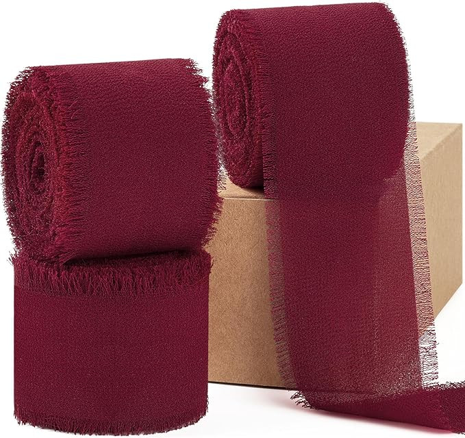 Burgundy Chiffon Ribbon 1.5 Inch x 3 Rolls Total 21 Yards Handmade Fringe Silk Chiffon Fabric Rib... | Amazon (US)