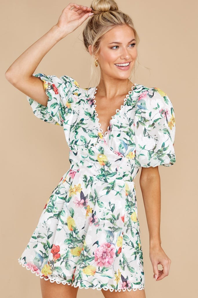 Garden Secrets White Multi Floral Print Romper | Red Dress 